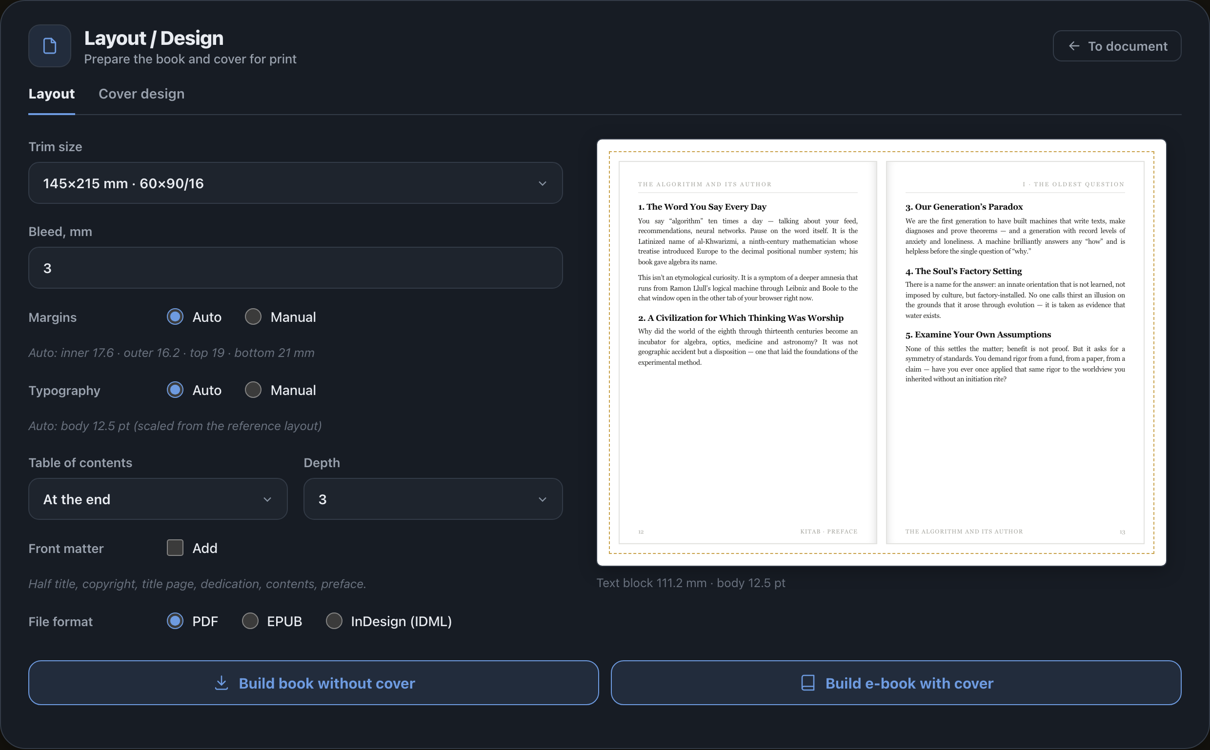 Lay out your book